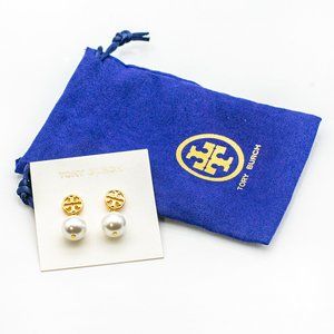 Tory Burch Baroque Pearl Drop Earrings With Gold Double T Logo NWT Authentic